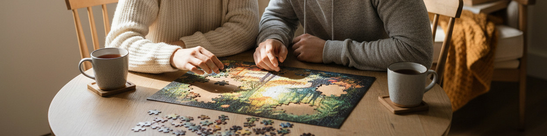 A couple assembling a jigsaw puzzle together while drinking tea, wide banner