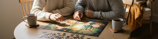 A couple assembling a jigsaw puzzle together while drinking tea, wide banner