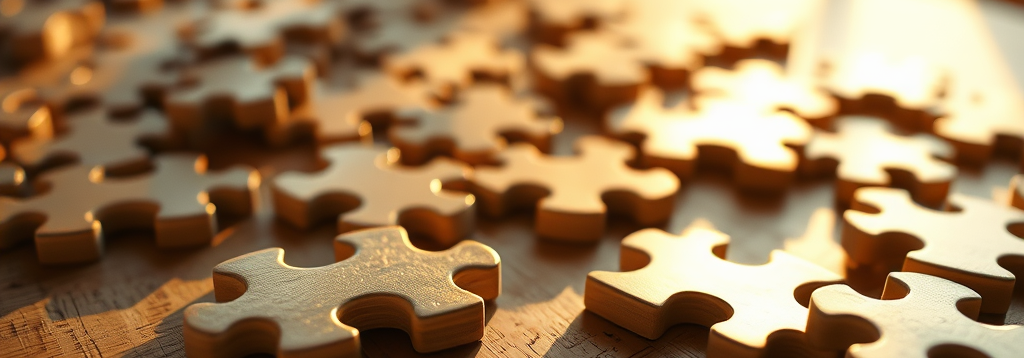 Jigsaw puzzle pieces on a table at golden hour, oblique angle, wide banner